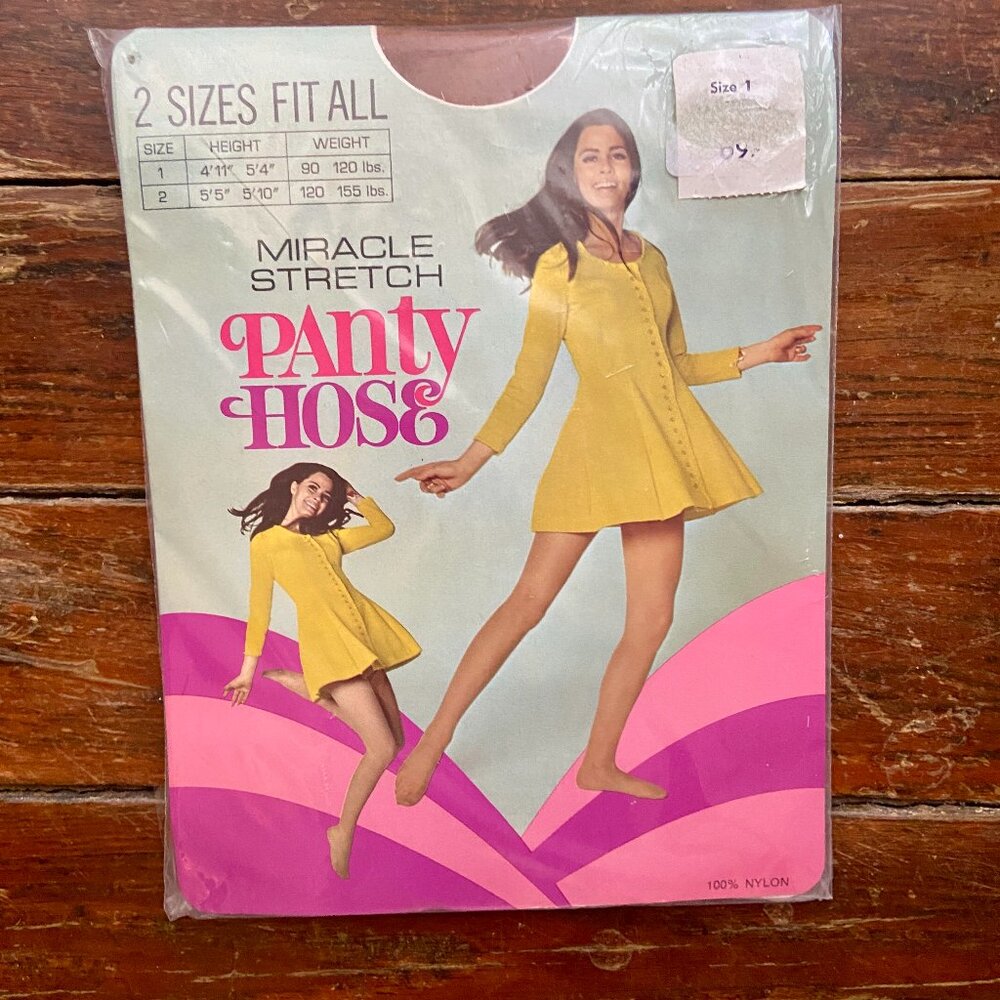 NOS Vintage 60s 70s Miracle Stretch Pantyhose Cinnamon Size 1 Retro Graphics NEW